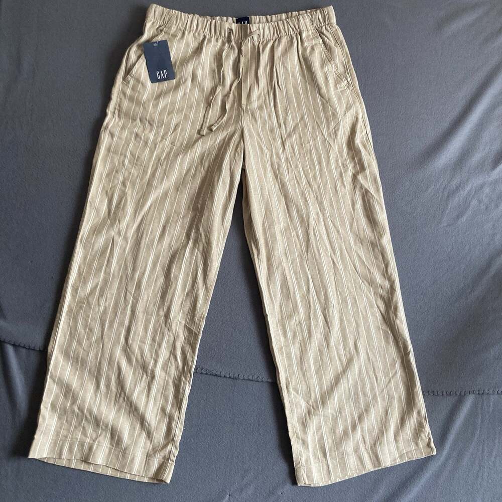 Gap Women's Lightweight Relaxed Fit Wide Leg Linen Blend Pull-on Pant Tan/White